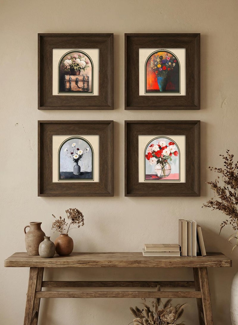 LOWHA Set of 4 Canvas Wall Art Stretched Over Wooden Frame with Vintage Brown Floating Frame and Floral Vessels Design - Image 1